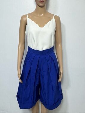 Delpozo Pleated Royal Blue Culottes/Shorts 100% Cotton Made in Spain EU 36/Small